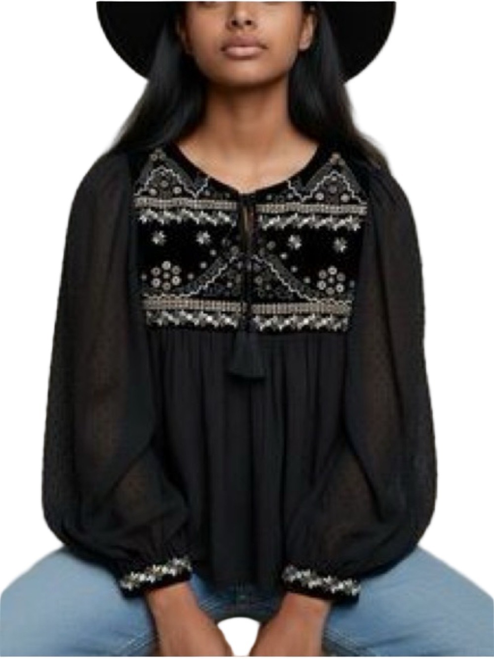 Zara Black Embroidered Peasant Blouse Embellished Velvet Sz L Balloon Sleeves